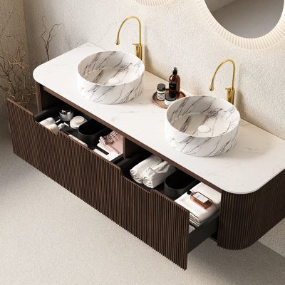 Meuble-lavabo de 60 po avec lavabos et rangement mural, 2 lavabos en céramique blanche à motif de pierre, noyer foncé, pré-assemblé, armoire en contreplaqué fiable