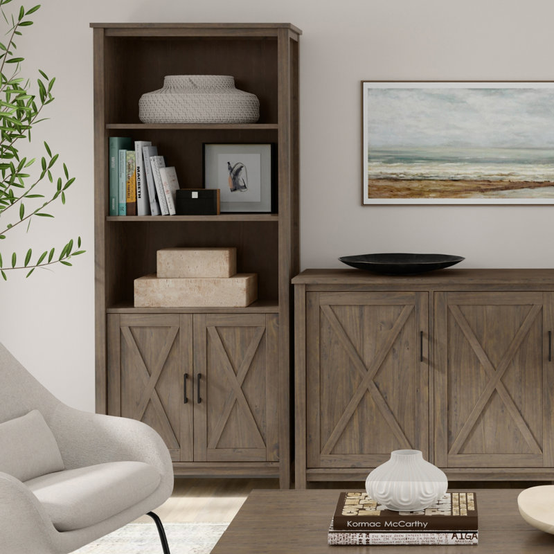 Ela Smoky Brown Solid Wood Adjustable Bookcase with Doors