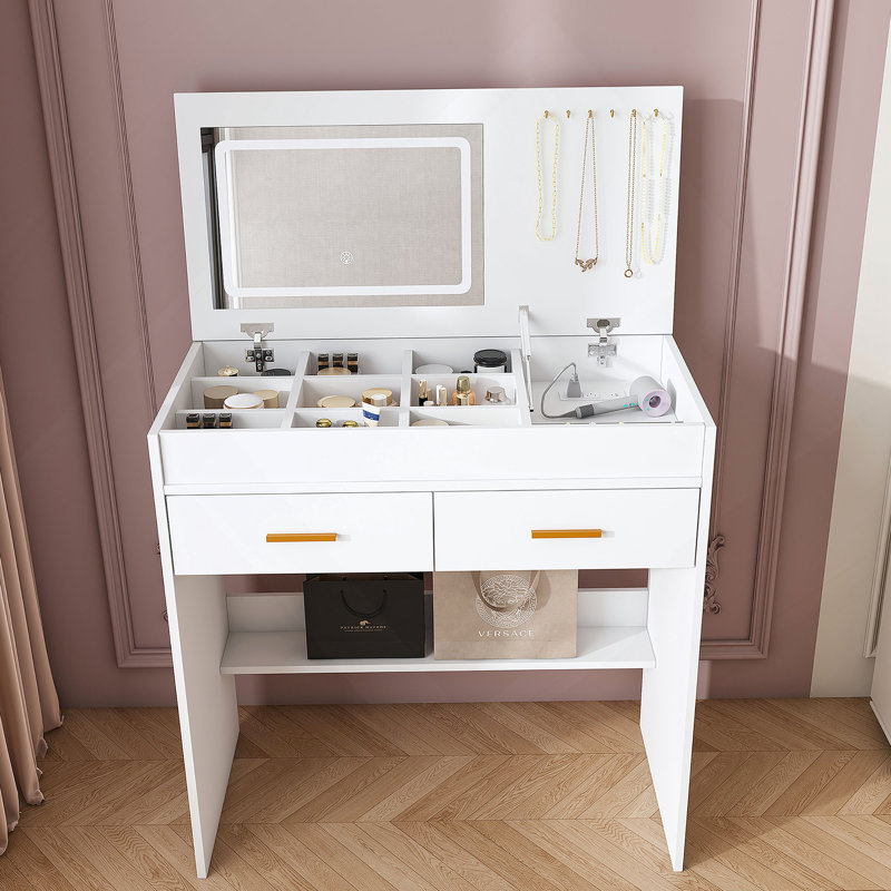 Bureau de coiffeuse à plateau rabattable avec miroir lumineux à DEL et prise intégrée - coiffeuse de maquillage avec 2 tiroirs, rangement ouvert, crochets à bijoux (sans tabouret inclus, blanc)