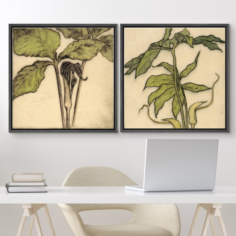 Ensemble de 2 reproductions d'art sur toile rétro encadrées de plantes botaniques, H 24 po x l 24 po, Natural Floater Framed