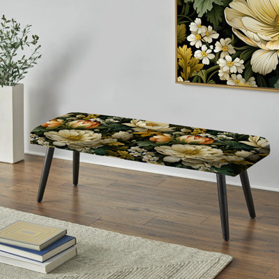 Motif de fleurs de chrysanthème Earthy Greens - Banc noir rembourré floral