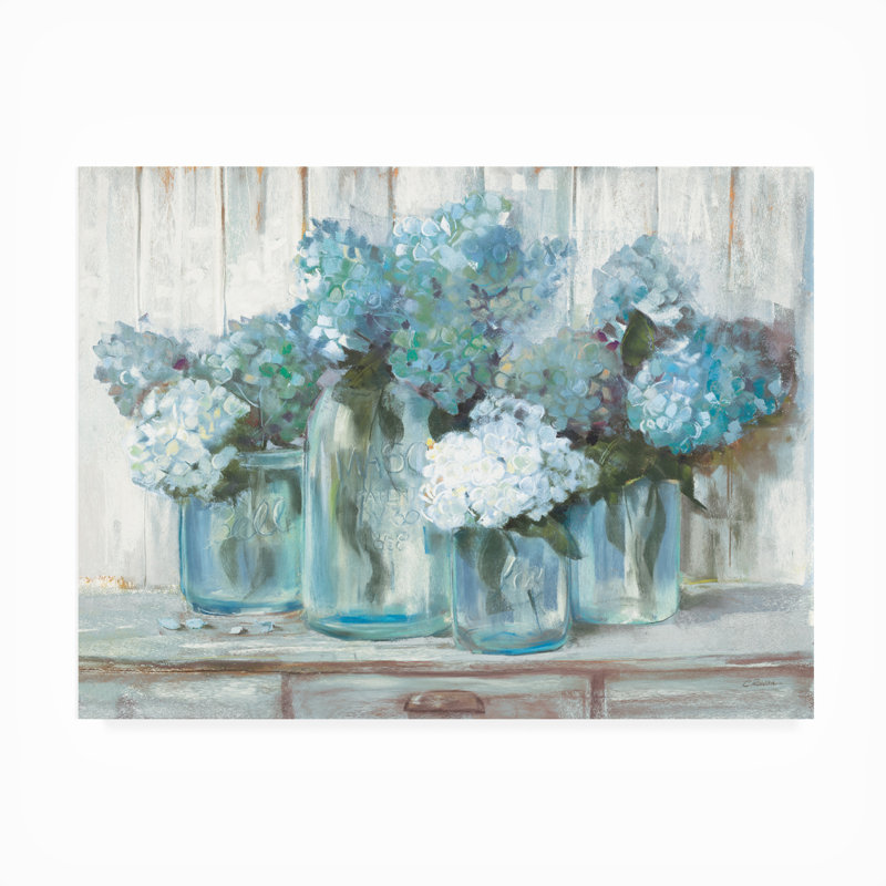 Décoration murale d'extérieur toutes saisons «Hortensias In Glass Jars» par Carol Rowan, L 47 po x H 35 po