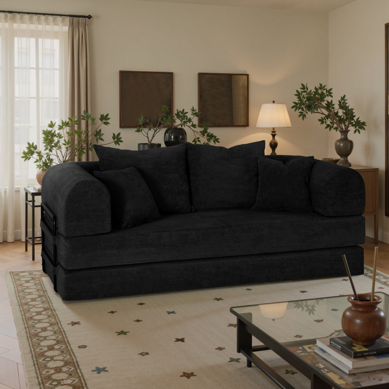 Boneless Foldable Two Person Fabric Sofa Bed, Black