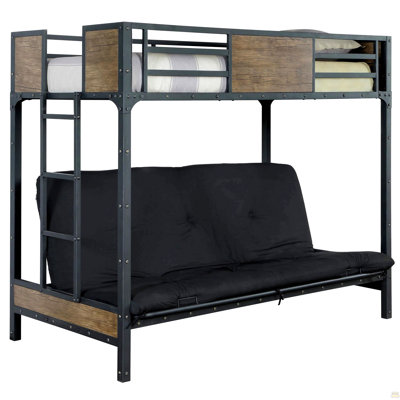 Bunk Bed Twin Over Futon Metal Structure Attached Ladder With Wood Panels Nailhead Trim