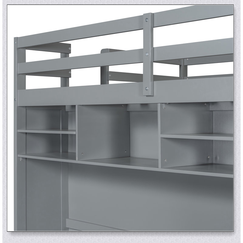 Loft Bed With Drawers, Shelves And Light, Grey