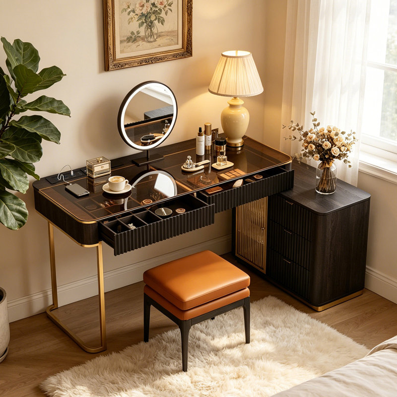 Nhia Glass Makeup Vanity set with Built in Outlets Glass Top,Expandable, Corner, Black, 50" W x 23" D x 29.5" H