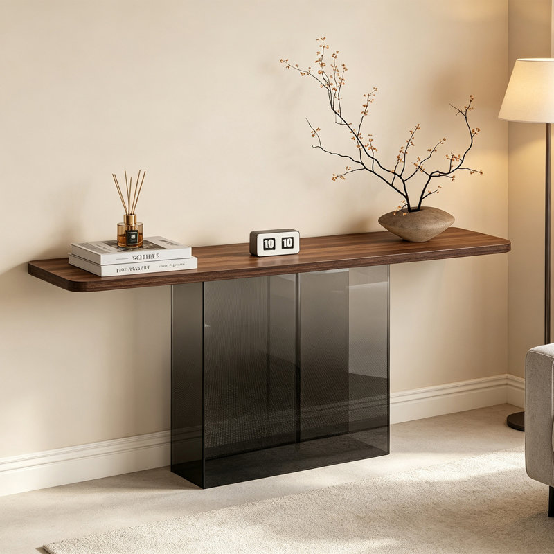 Console en acrylique noyer pour entrée, H 29,53 po x l 63 po x P 11,81 po