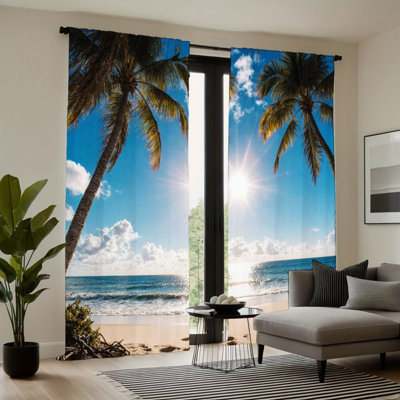 2 pièces rideaux de paysage de plage, motif de vue sur la mer de palmier, blocage de soleil avec passe-tringle, style océan tropical, décoration de fenêtre d'étude de chambre à coucher toutes saisons
