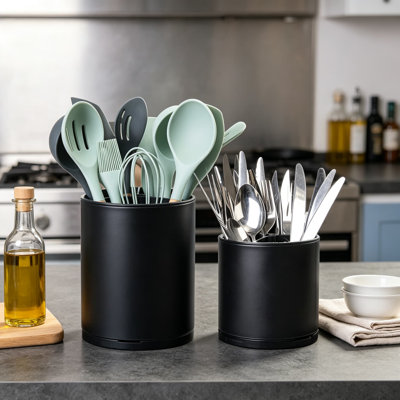 Porte-ustensiles pour comptoir, organisateur d'ustensiles de cuisine en acier inoxydable avec rotation à 360 ° et trous de drainage, panier de rangement de grande capacité pour spatules, cuillères, fouets et pinces, ensemble de deux