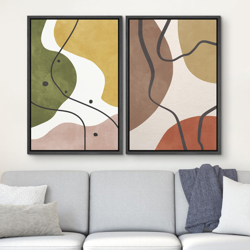 Mid-Century rétro, taches de couleur, art géométrique abstrait, art mural Relax Calm 2 pièces, Noir, H 24 po x l 16 po