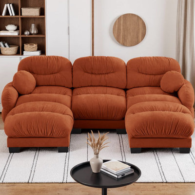 U-Shaped Pleated Chenille Fabric Modular Sectional Sofa with 2 Ottomans, 3-Seater Couch with Ergonomic High-Density Foam Seat, Curved Round Armrests & 2 Throw Pillows