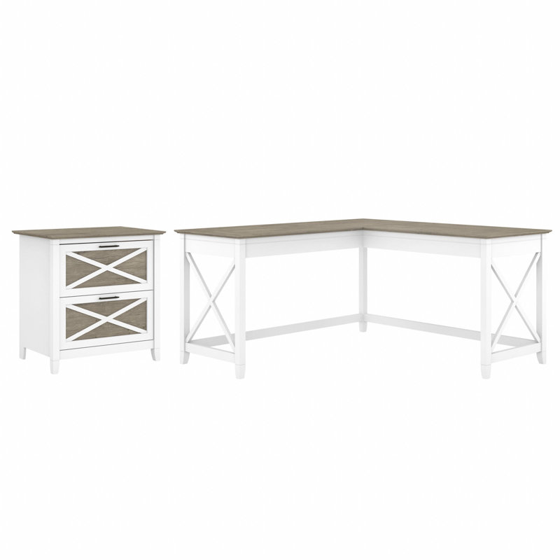 Ozro L-Shaped Executive Desk with 2-Drawer File Cabinet , Shiplap Gray/White
