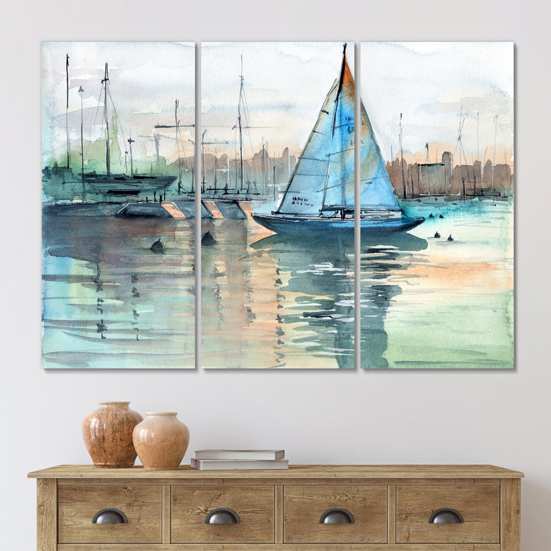 Un voilier dans une marina avec des voiliers - Reproduction d'art nautique et côtière sur toile, H 28 po x l 36 po x P 1 po