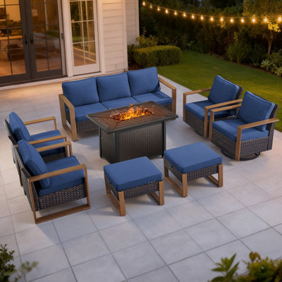 Drazen 9 - Person Patio Furniture Set With Fire Pit Table, All-Weather Wicker Outdoor Conversation Set With Chair And Thick Cushions by Lark Manor