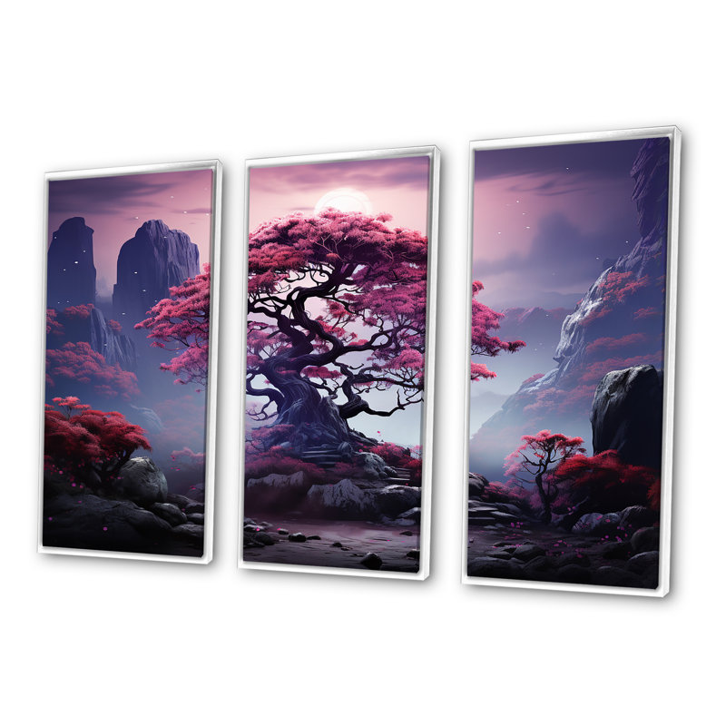 «Mystic Pink Trees In Amethyst Landscape III», ensemble d'art sur toile de séquoia, Cadre flottant blanc