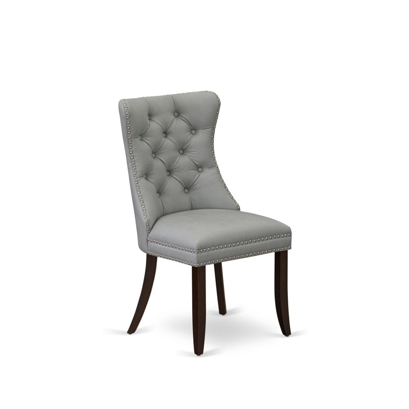 Denison Parson Dining Room Chairs - Button Tufted Nailhead Light Gray Polyester Fabric Upholstered Chairs, Set of 2, Mahogany