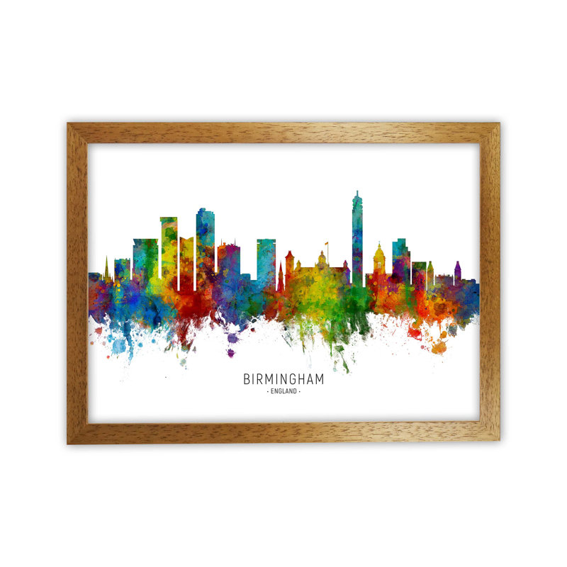 Birmingham England Skyline by Michael Tompsett - Print, Brown Framed, 46cm H x 63cm W x 3cm D