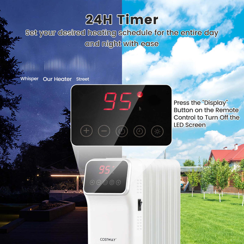 1500w Oil Filled Radiator Heater With Remote Control 3 Modes 24h Timer Indoor, White