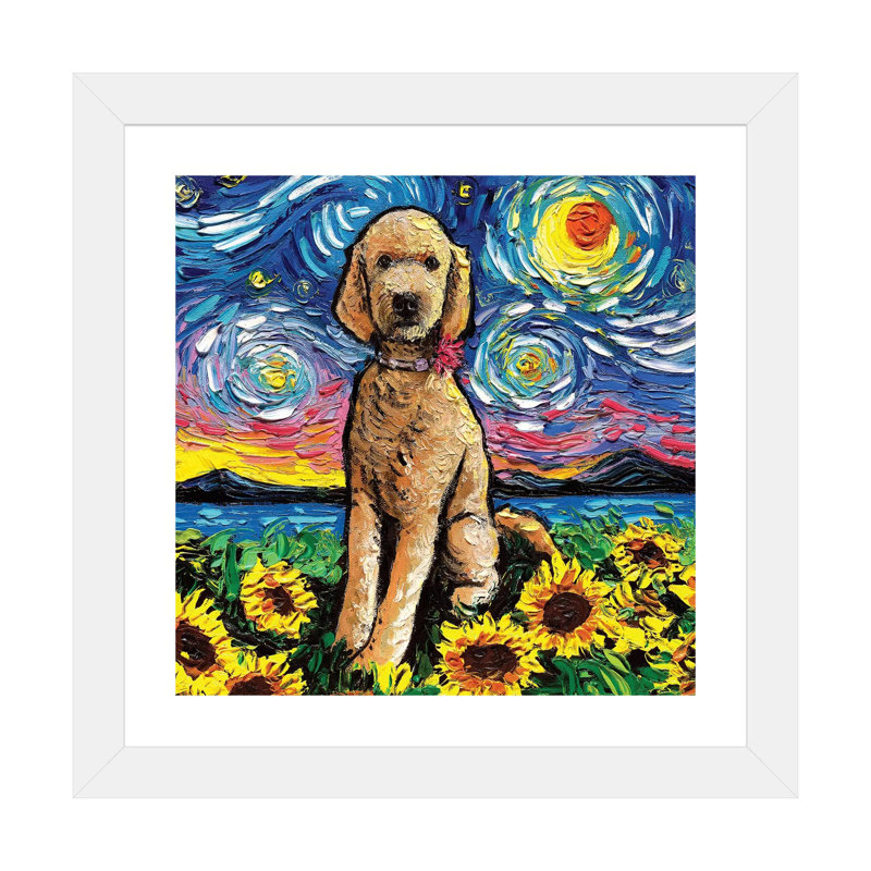 «Goldendoodle Night II» par Aja Trêves - reproduction d'art, H 16 po x l 16 po x p 1 po, Papier encadré blanc, Blanc