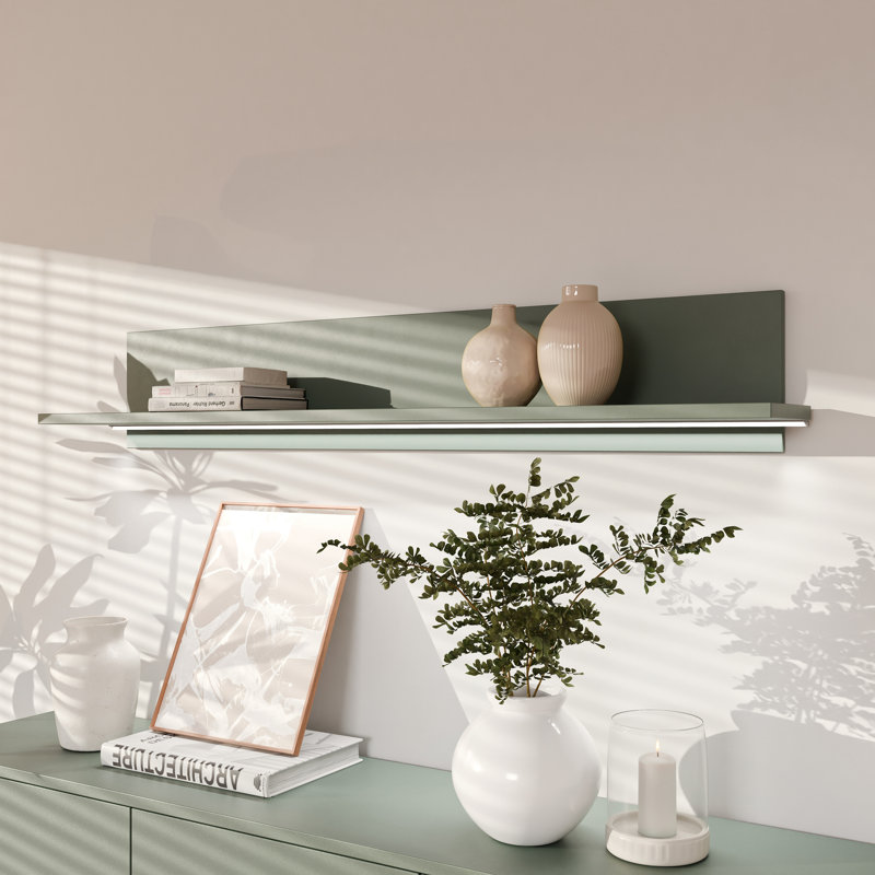 Chadwic Minimalistic wall mounted shelf for decorative display, engineered wood, 154 cm W x 25.6 cm H x 21.2 cm D, Green