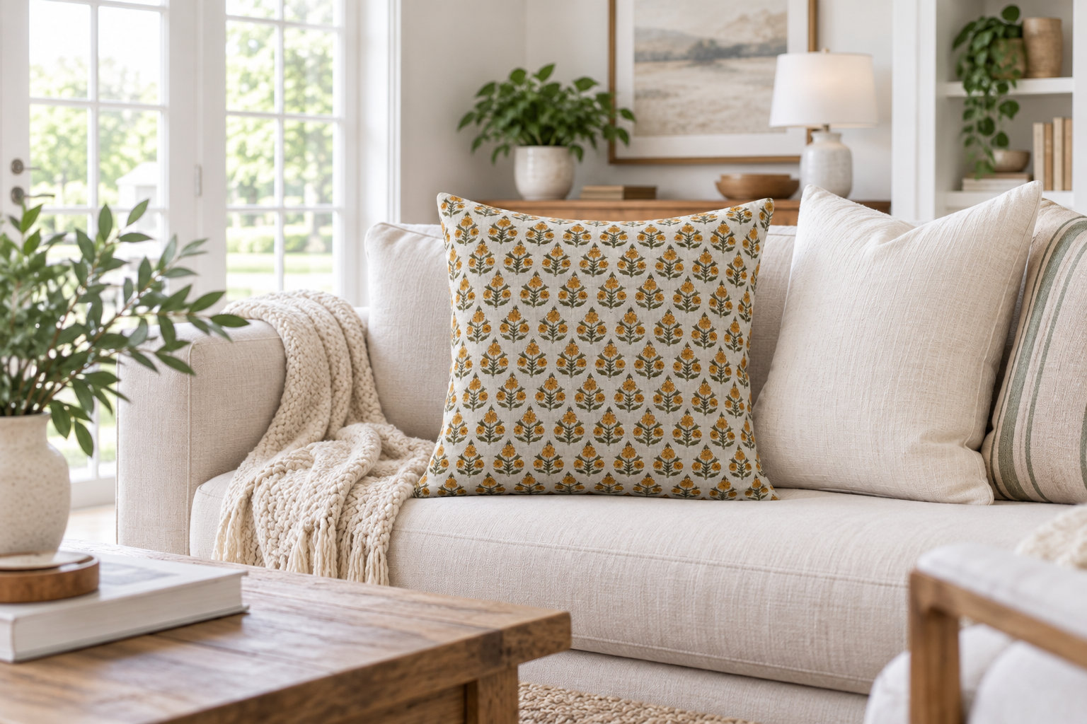 Floral Linen Reversible Throw Pillow