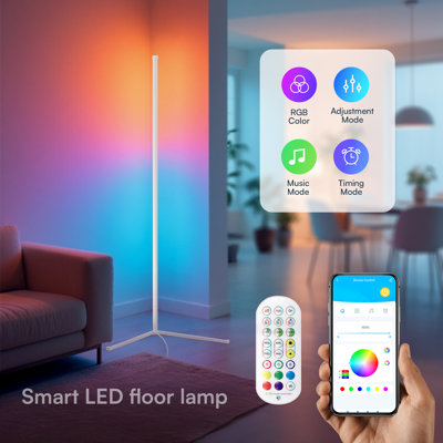 Lampadaire d'angle RGB en forme de L avec application et télécommande, 80 DEL à couleurs changeantes, lampe d'ambiance d'angle de 142 cm de haut alimentée par USB, lampadaire moderne en aluminium et en plastique pour salon