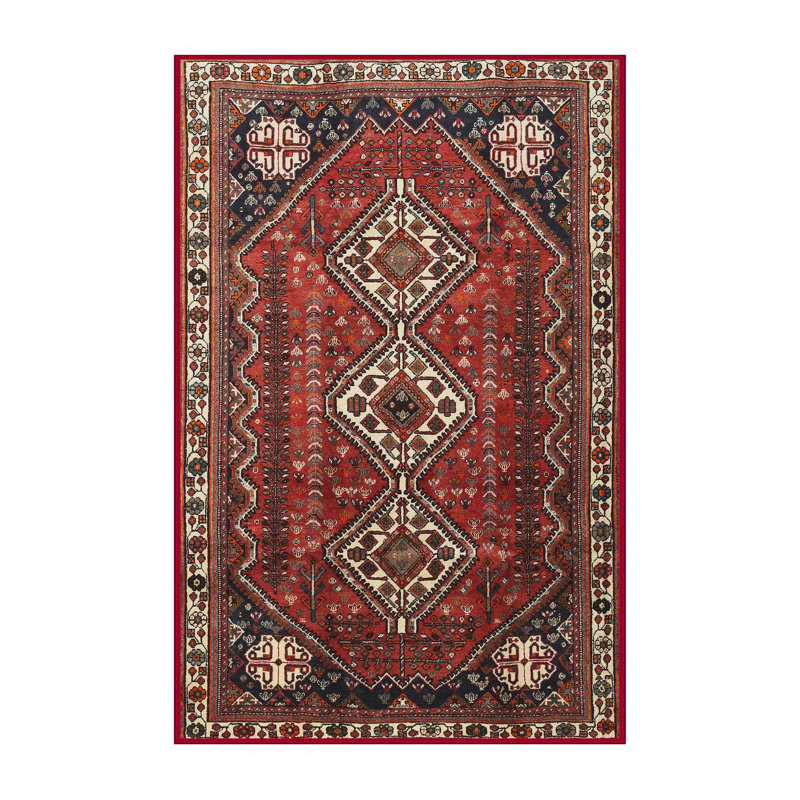 Tapis traditionnel rouge / beige / bleu marine, Rectangle 2 pi x 3 pi