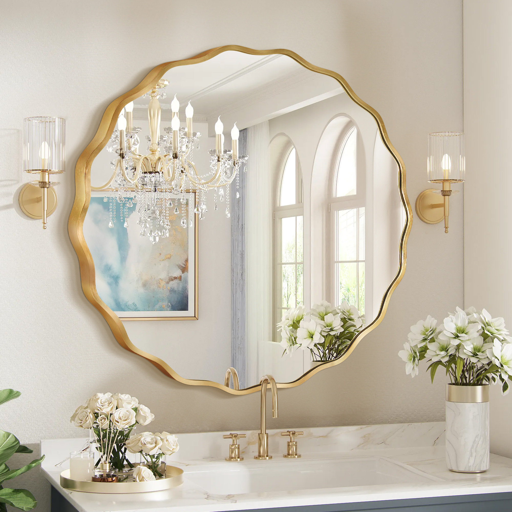 Scalloped Round Metal Wall Mirror Mercer41 Size: 31.5\, image size:2000x2000
