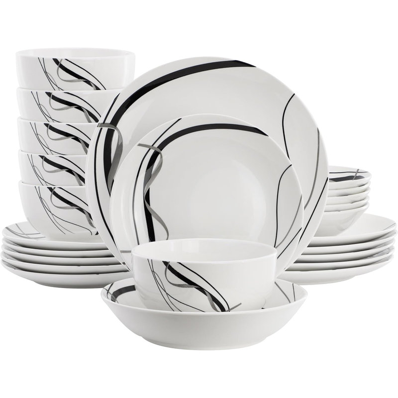 Service de vaisselle en porcelaine pour 6 assiettes et bols en ruban noir et blanc, ensemble de vaisselle allant au micro-ondes et au lave-vaisselle 24 pièces
