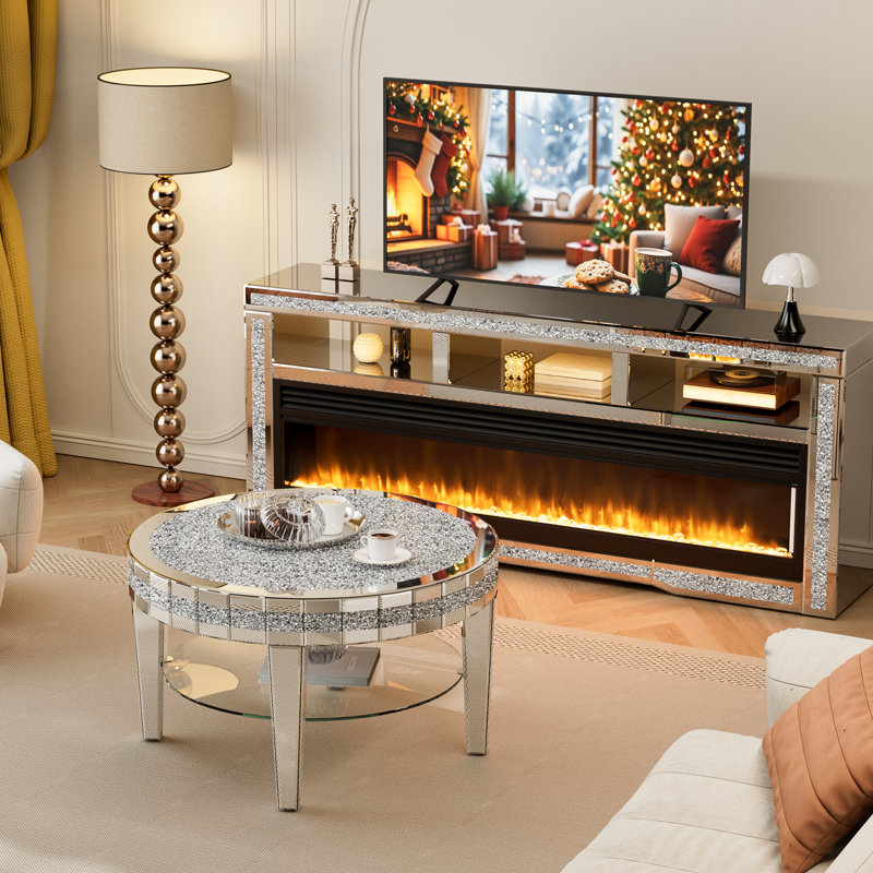 Mirrored Round Coffee Table with Crushed Diamond, 2 Tier Coffee Table with Glass Storage for Living Room, Sliver