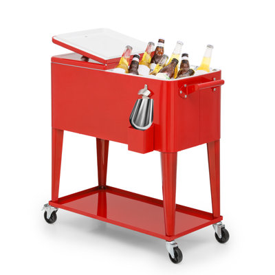 Outdoor 80 Qt Rolling Cooler Cart, with Bottle Opener + Storage Shelf Camping Beverage Ice Chest