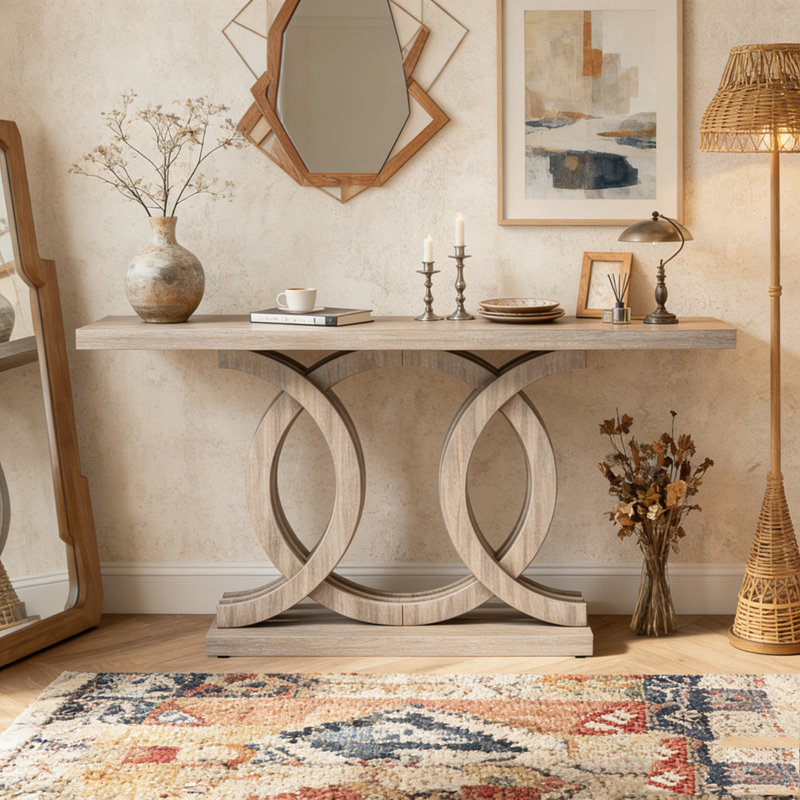 Farmhouse Hallway Sofa Table With Geometric Base, Grey