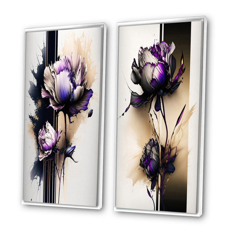 «Puple Peony Flower on Abstract Paint III», ensemble de 2 reproductions, Cadre blanc, H 40 po x l 40 po