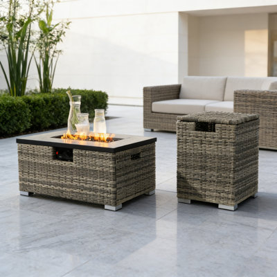 32" Rectangular Propane Fire Pit Table With Wicker Base - Includes Tank Cover, 50,000 BTU, 2-Piece Steel Patio Heater