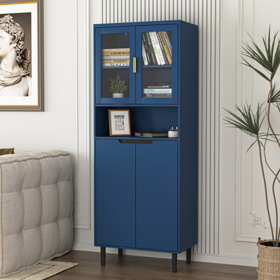 Tall Storage Cabinet w/2 Glass Display Door & 2 Doors, Kitchen Pantry Cabinet w/ Gold Handles by Latitude Run