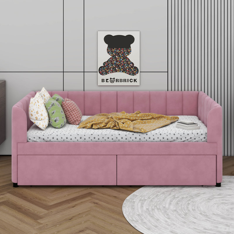 Lit de jour rembourré avec dossier ergonomique et 2 tiroirs, Rose