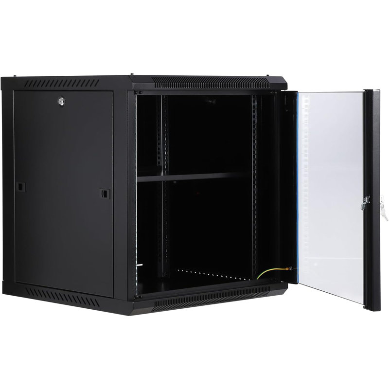 Wall Mount Network Cabinet - Server Rack Enclosure with Locking Glass Door & Removable Side Panels, IT/AV Equipment Rack for Secure Data and Audio-Visual Installations