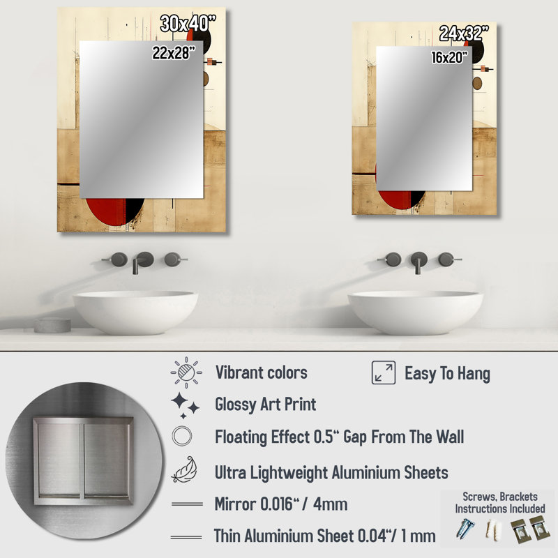 Unravelling The Mystery Retro Geometrics II - Geometric Decorative Wall Mirror, Red Mirror, Printed Metal Art, 32" x 24"