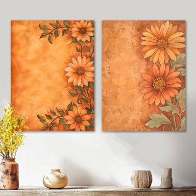 Velvet Symphony of Daisy - ensemble de 2 décorations murales botaniques orange en métal