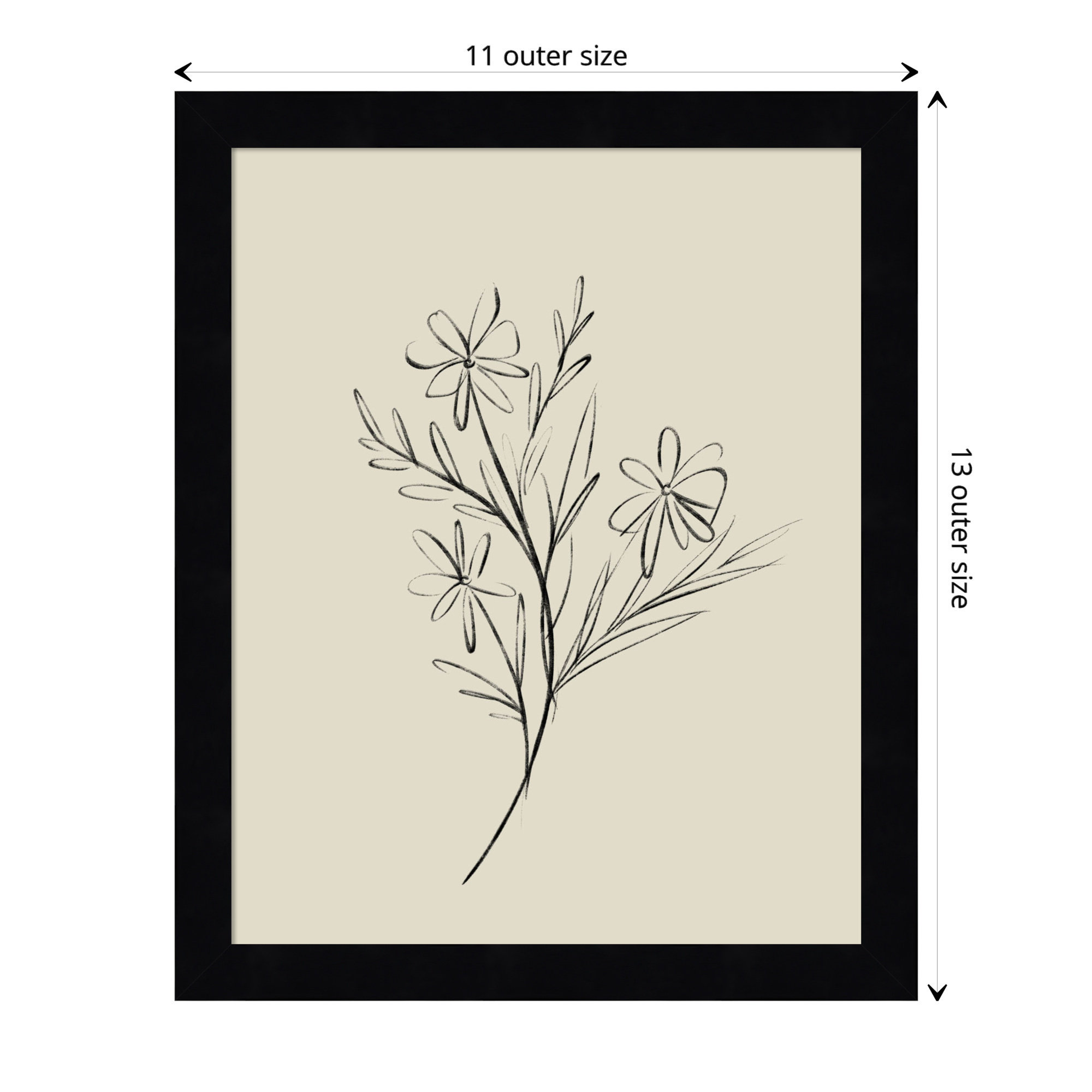 Line Drawn Flowers 1 by Border Bloom - Picture Frame Art, 11" W x 13" H x 1" D, Black Framed