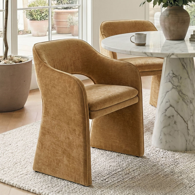 19" Seat Height Upholstered Chenille Dining Armchair, Gold