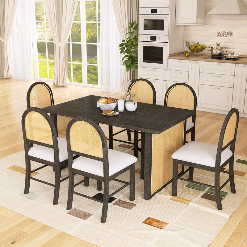 7-piece Farmhouse Dining Set - 59.8" Table & 6 Rattan Chairs, Espresso/White, Espresso