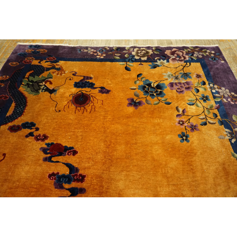 Yellow / Gold Orange Floral 1920s Hand Knotted Pile Wool Antique Rectangle Rug