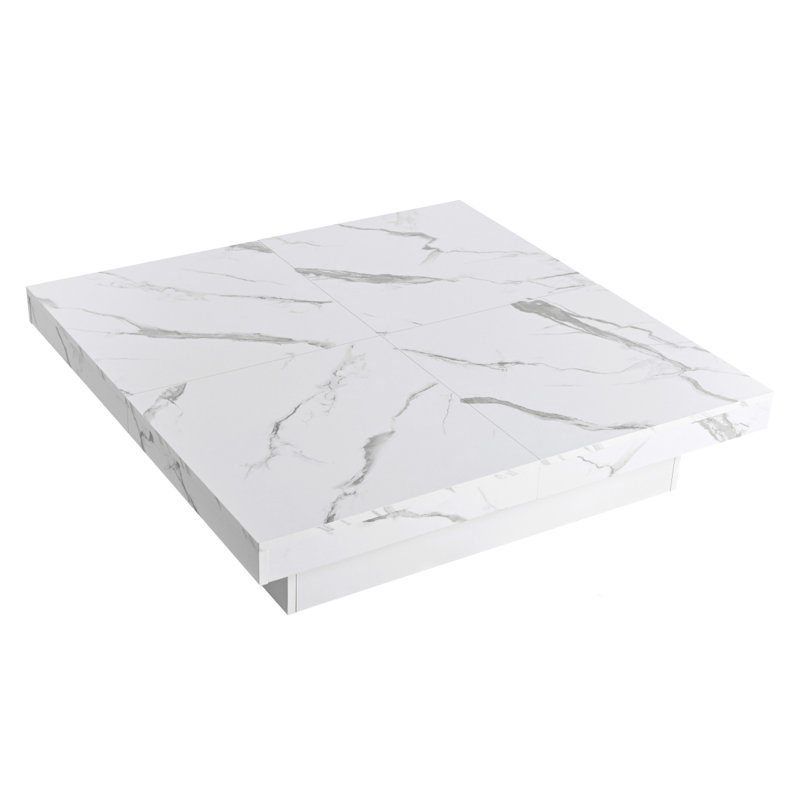 Table basse carrée en placage de marbre avec plateau coulissant et rangement blanc 39,4 po
