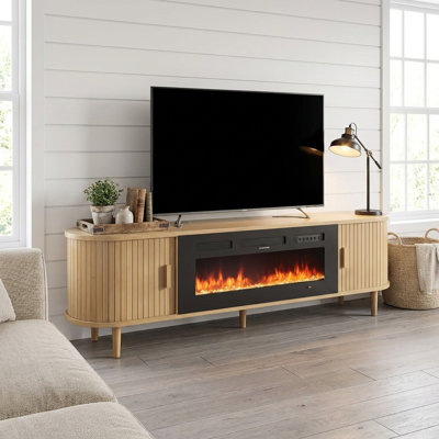 Meuble télé 70 po pour cheminée cannelée en chêne avec télécommande et contrôle tactile, couleurs et température de flamme réglables, centre de divertissement avec rangement pour téléviseurs de 80 po, console multimédia moderne pour le salon