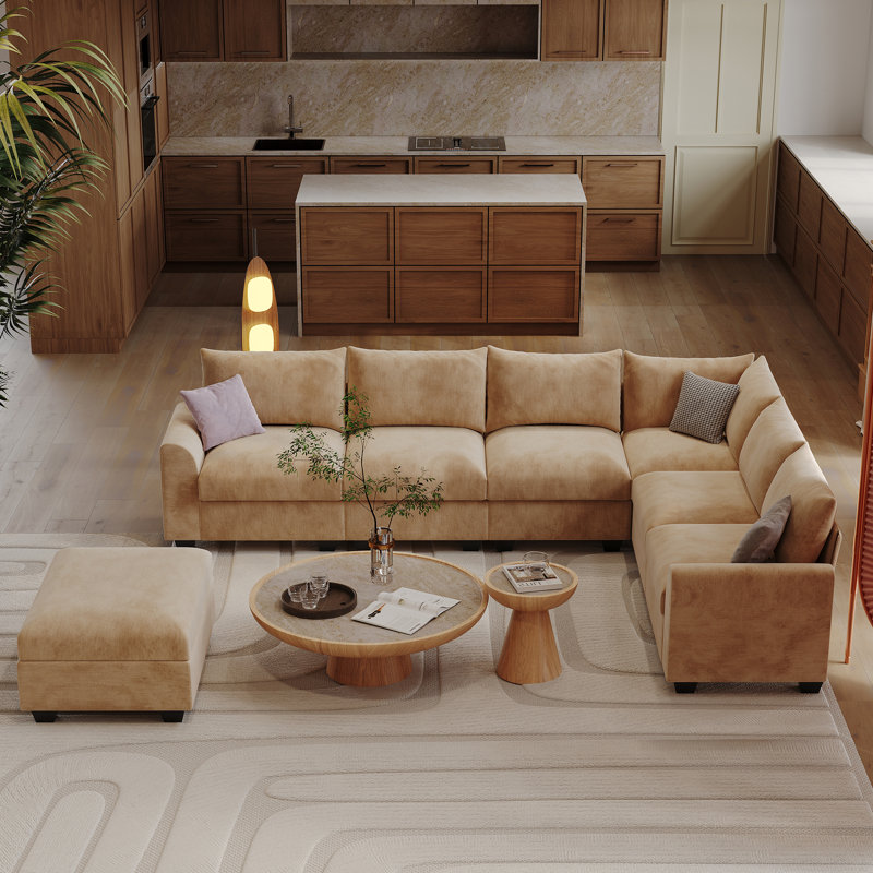120 '' L-Shaped Modular Sectional Sofa, 6-Seater Cushioned Cloud Couch, With Ottoman Storage And USB, Camel Linen