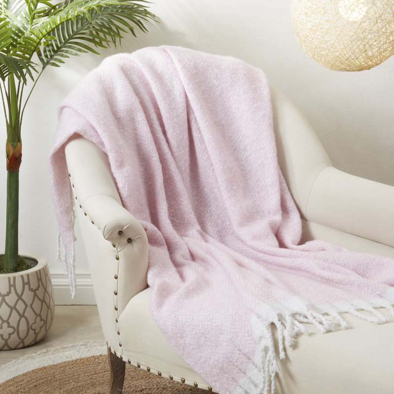 Pink Faux Mohair Herringbone Fringed Throw Blanket