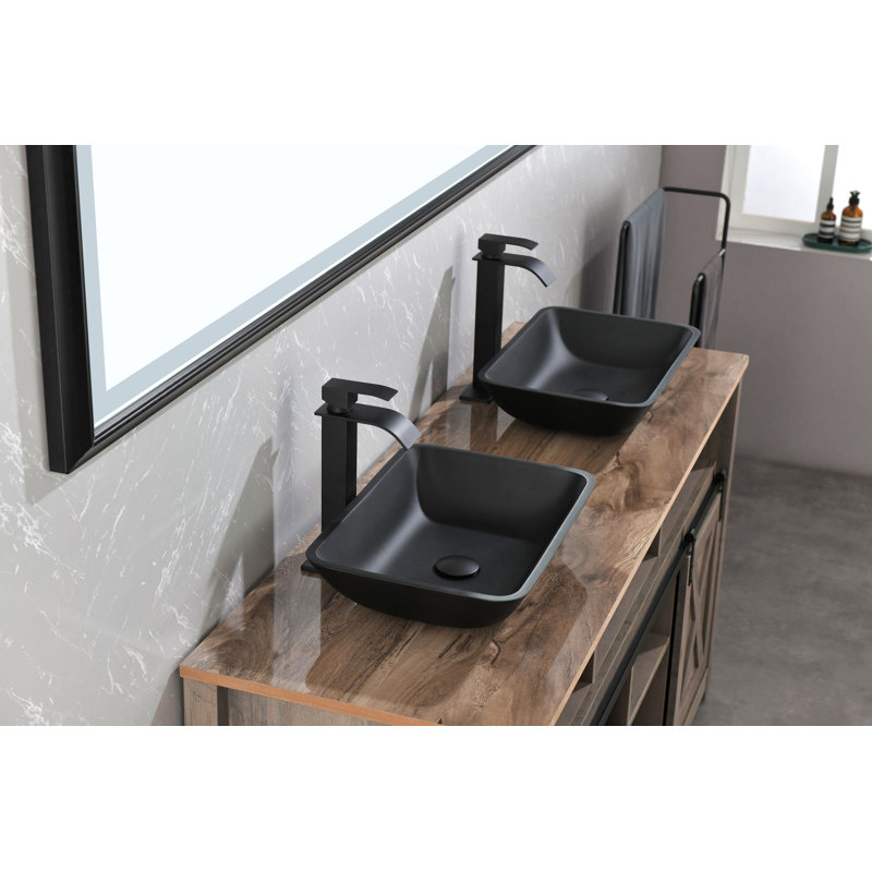 Lavabo de salle de bain vasque rectangulaire en verre mat avec robinet noir mat et drain escamotable noir mat