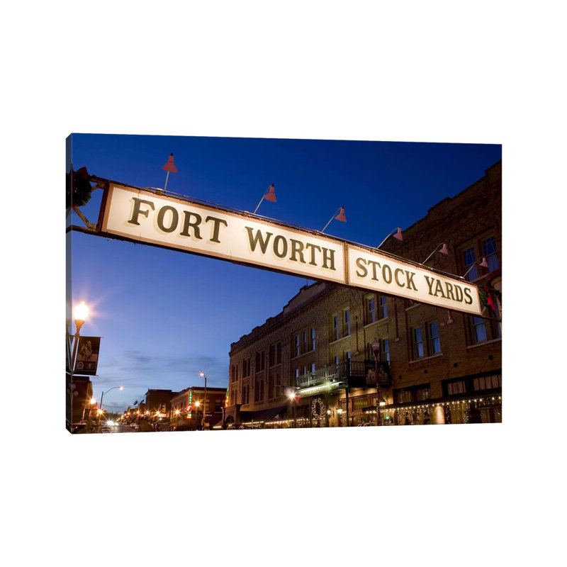 Signboard Over A Road At Dusk, Fort Worth Stockyards, Fort Worth, Texas, USA - Wrapped Canvas Print, 20.32 cm H x 30.48 cm W