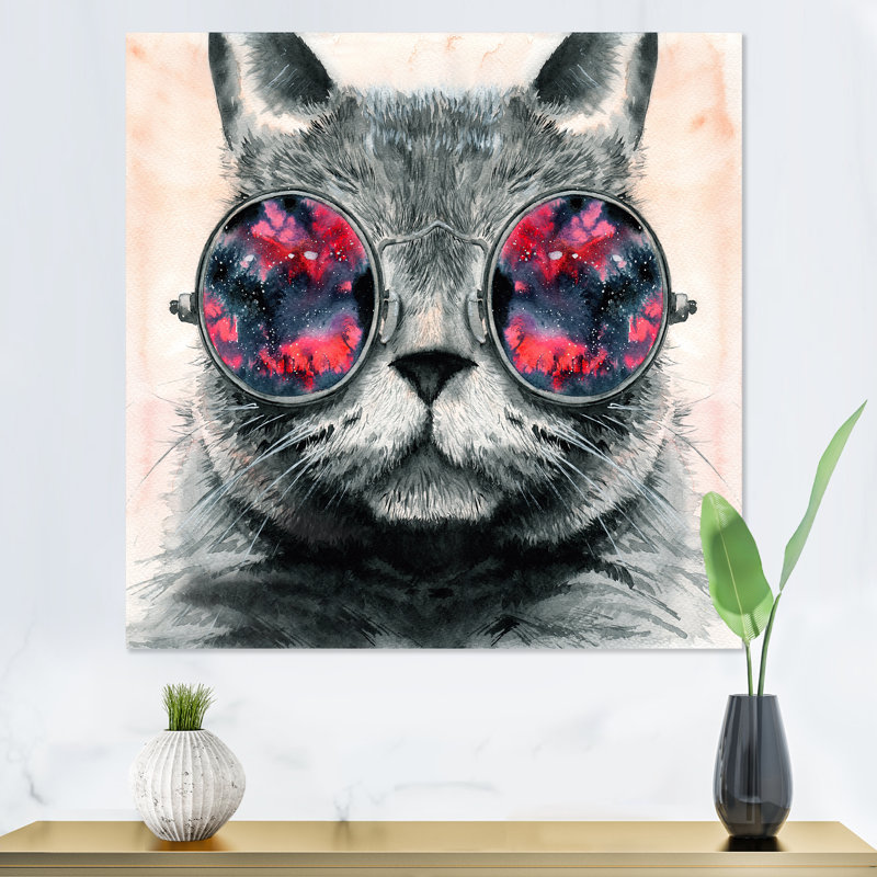 «Grey Fluffy Cat In Round Hippie Glasses III», reproduction d'art sur toile moderne, H 36 po x l 36 po x P 1 po, Toile tendue